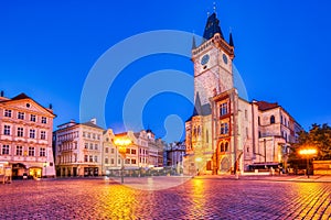 Prague Clock Tower on Old Town Square at Dusk