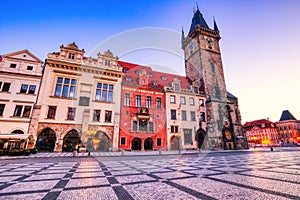 Prague Clock Tower on Old Town Square at Sunrise