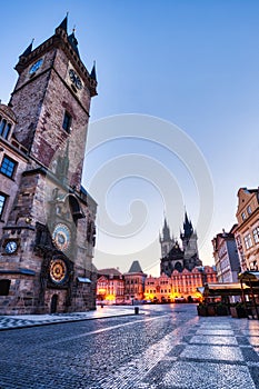 Prague Clock Tower on Old Town Square at Sunrise