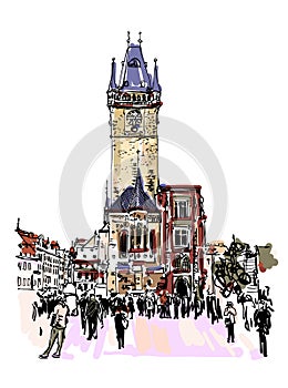 Prague clock tower sketch drawing, Czech Republic