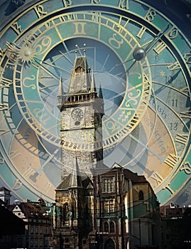 Prague clock and townhall concept