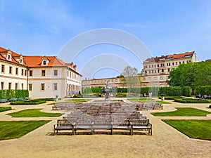 Prague- Czech- 8 April 2024: Wallenstein gardens with baroque palace in Prague