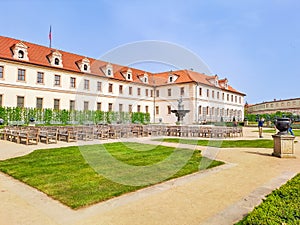 Prague- Czech- 8 April 2024: Wallenstein gardens with baroque palace in Prague