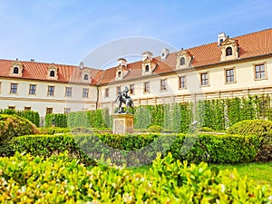 Prague- Czech- 8 April 2024: Wallenstein gardens with baroque palace in Prague