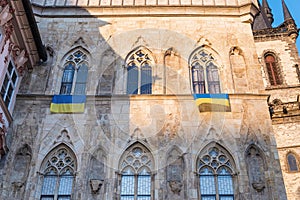 Prague, Czech Republic - 03.28.2022: An Ukrainian flags is hung in support of Ukrainians protecting their country from