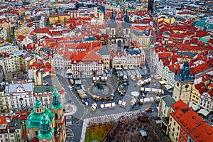 Prague, Czech Republic - Aerial drone view of the Christmas market on the Old Town Square at Christmas time