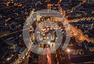 Prague, Czech Republic - Aerial drone view of the famous traditional Christmas market at night