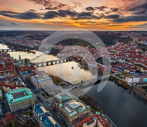 Prague, Czech Republic - Aerial panoramic drone view city of Prague with the world famous Charles Bridge Karluv most