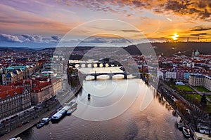Prague, Czech Republic - Aerial panoramic drone view of the city Prague with the world famous Charles Bridge Karluv most