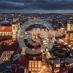 Prague, Czech Republic - Aerial panoramic drone view of the famous Christmas market of city Prague at the Old Town Square