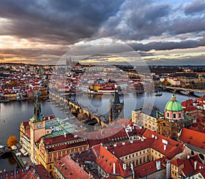 Prague, Czech Republic - Aerial panoramic drone view of the world famous Charles Bridge Karluv most photo