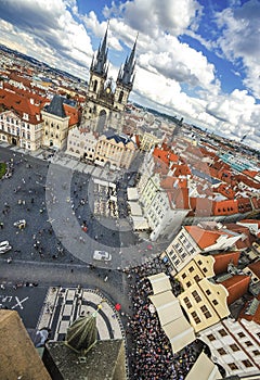 Prague, Czech Republic. Aerial view over Church of Our Lady before Tyn at Old Town square Starometska in Praha.