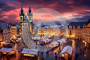 Prague, Czech Republic. AI generative with Vanocni Trhy beautiful famous Christmas Market.