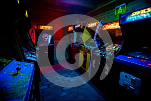 PRAGUE - CZECH REPUBLIC, August 5, 2017 - Detail on 90s Era Old Arcade Video Games in Gaming Bar