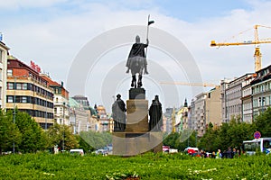 Prague, Czech Republic; 5/17/2019: Back view of the equestrian statue of Saint Wenceslas in Wenceslas Square