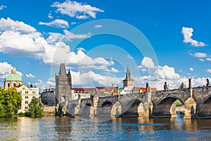 Prague, Czech Republic, Charles Bridge across Vltava river on which the ship sails