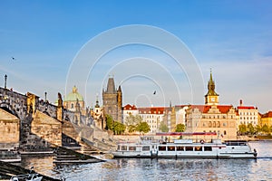 Prague, Czech Republic. Charles Bridge, boat cruise on Vltava river