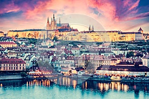 Prague, Czech Republic Charles Bridge and Hradcany with Castle and Cathedral