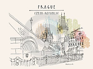 Prague, Czech Republic. Charles Bridge Karluv Most. Prague famous landmark. Travel sketch. Horizontal hand drawn vintage