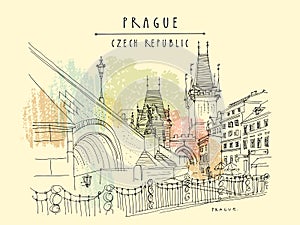 Prague, Czech Republic. Charles Bridge Karluv Most. Prague famous landmark. Travel sketch. Horizontal hand drawn vintage