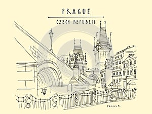 Prague, Czech Republic. Charles Bridge Karluv Most. Prague famous landmark. Travel sketch. Horizontal hand drawn vintage