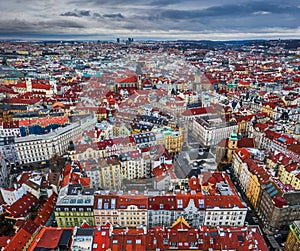 Prague, Czech Republic - The city of red rooftops. Aerial panoramic view of the Old Town of Prague at Christmas time