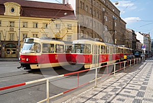 Old retro and vitage Tatra T3 trams in the city and town