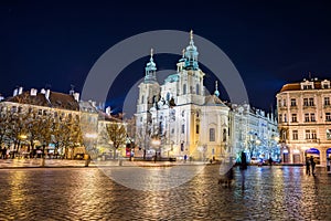 Prague, Czech republic - December 29, 2021. Night photo of Old Town Square without Christmas markets banned due Coronavirus caused