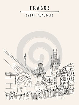 Prague, Czech Republic, Europe. Charles Bridge Karluv Most. Prague famous landmark. Retro travel sketch. Vertical hand drawn