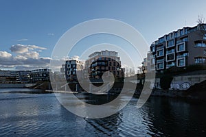 Prague, Czech Republic, February 19, 2022 - Beautiful view of Prague Marina, Harbour Holesovice, Liben island