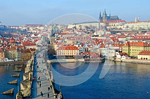 Beautiful top view of Charles Bridge, Vltava River Embankment, Kampa Island, Prague Castle, Prague, Czech Republic