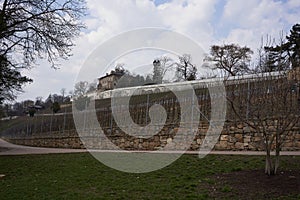 Prague, Czech Republic - March 26, 2021 - Grebovka park- The vineyard with a romantic gazebo lies on a steep slope