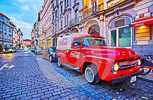 Vintage Ford F100 red Coca-Cola pickup at the James Dean Restaurant, on March 5 in Prague, Czech Republic