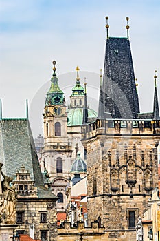 Prague, Czech republic - March 19, 2020. Malostranska mostecka tower as a beginning/end of Charles Bridge
