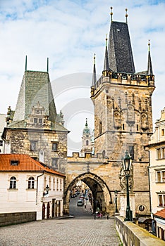 Prague, Czech republic - March 19, 2020. Malostranska mostecka tower as a beginning/end of Charles Bridge