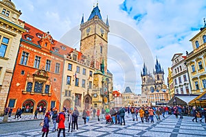 The Old Town Hall, Prague Astronomical Clock and Tynsky Church in the Old Town Square, Czech Republic