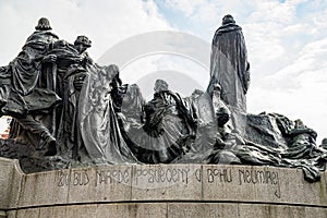 Prague, Czech republic - March 19, 2020. Statue of Mistr Jan Hus in empty Old Town Square during coronavirus crisis