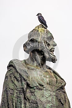 Prague, Czech republic - March 19, 2020. Statue of Mistr Jan Hus in empty Old Town Square during coronavirus crisis