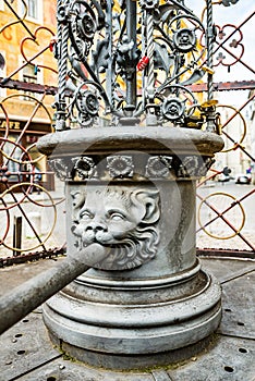 Prague, Czech republic - March 19, 2020. Water well with Czech lion symbol on the top