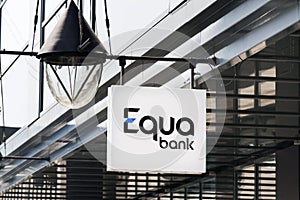 Equa bank financial company logo on Czech headquarters building