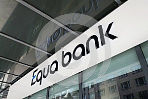 Equa bank financial company logo on Czech headquarters building