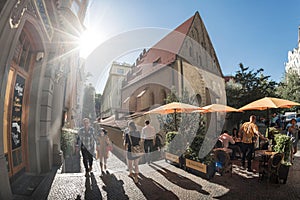 Prague, Czech Republic - May 16, 2019: The Old New Synagogue and outdoor cafe in Josefov quarter