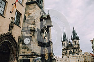 Prague, Czech Republic - May 2014. Old Town Square. A view of the Astronomical Clock, the Town Hall and Tyn Church