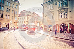 Prague, Czech Republic, May 13, 2019: Typical old retro vintage tram on tracks near tram stop in the streets