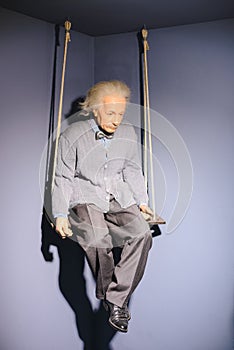 PRAGUE, CZECH REPUBLIC - MAY 2017: The wax figure of German-born theoretical physicist Albert Einstein in the Madame Tussaud Museu