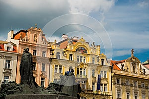 PRAGUE, CZECH REPUBLIC: Monument to Jan Hus on Old Town Square in Prague