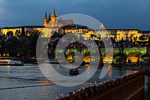 Prague, Czech Republic. Night photo of Charles Bridge, Castle and historical buildings