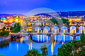 Prague, Czech republic: Vltava river and its bridges at sunset