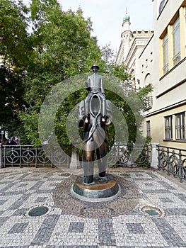 Prague, Czech Republic - November 01, 2018 Statue of Franz Kafka by artist Jaroslav RÃÂ³na. Statue depicts Franz Kafka riding on