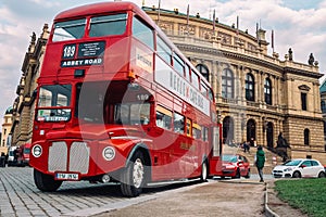 Prague, Czech Republic - OCTOBER 15 : Famous London red bus AEC Routemaster as a Cafe Bus near the Czech Philharmonic on October